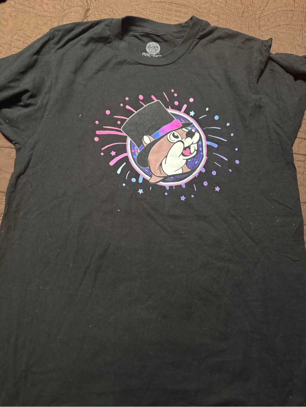 Black Graphic T-Shirt with Top Hat Cartoon